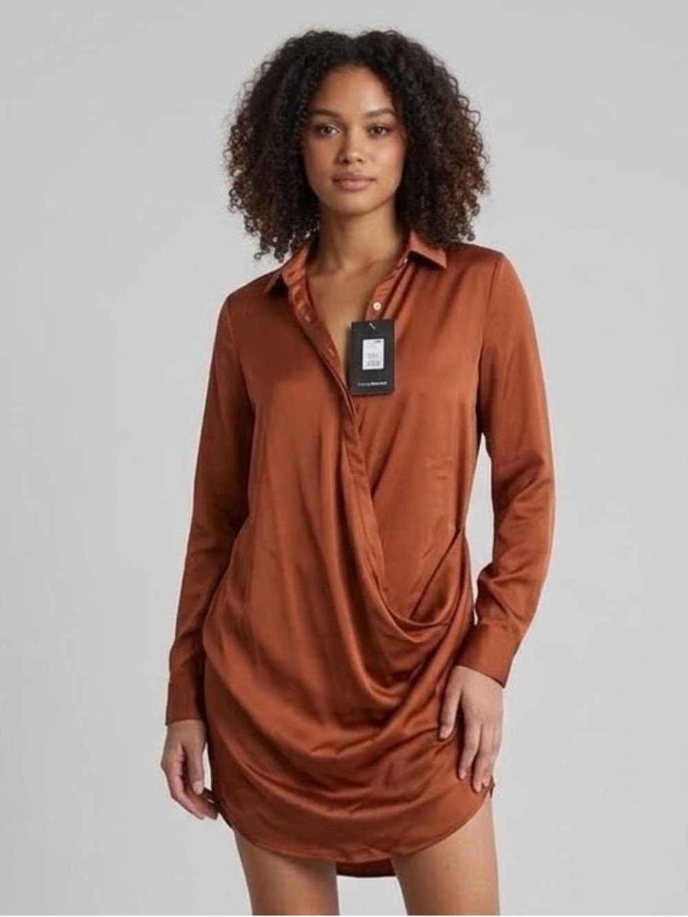 🔥Fashion Nova Rust Long Sleeve Draped Shirt Dress 🤎